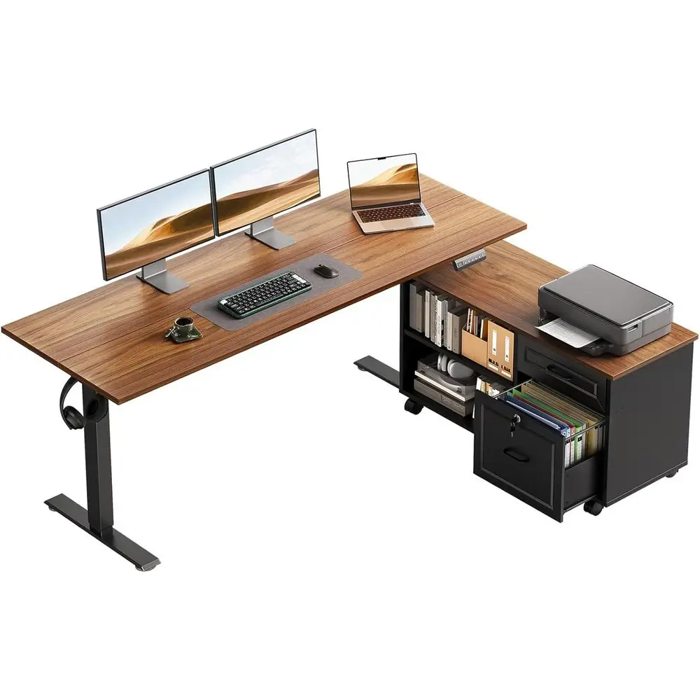 Home Office L Shaped Desk - 55インチのL字型電動デスク、引き出しとキャビネット付き、エグゼクティブ高さ調節可能なデスク、ホームオフィス用、ウォールナットとブラック