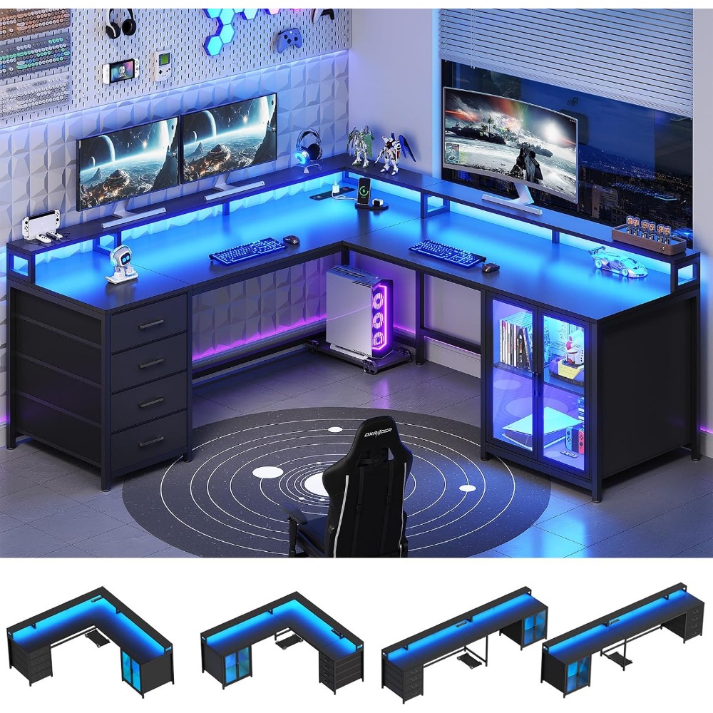 Home Office L Shaped Desk - SEDETA L字型ゲーミングデスク（引き出し4つ付き）、109インチコンピューターデスク（ディスプレイキャビネット付き）、ホームオフィスデスク（モニタースタンド2つ付き）、CPUスタンド、LEDライトと電源コンセント付き、ブラック