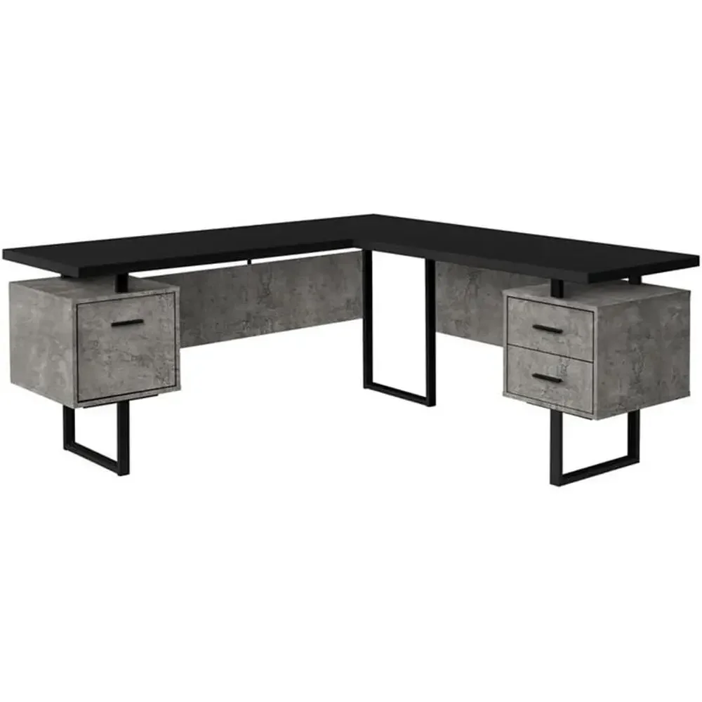 Home Office L Shaped Desk - L字型70コンピューターデスク、ホームオフィス用収納付き、右側設置、グレーと黒のラミネート仕上げ
