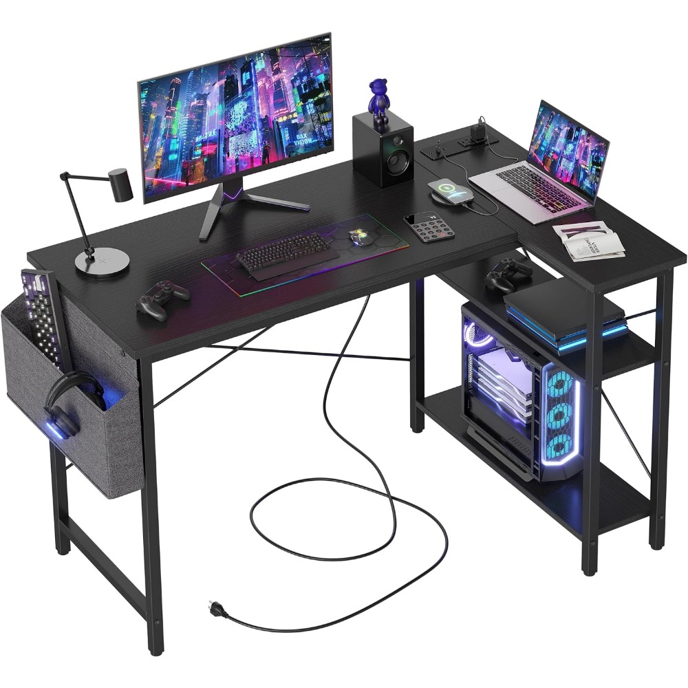 Home Office L Shaped Desk - L字型コンピューターデスク、電源コンセント付き、47インチコーナーデスク、ホームオフィスや狭いスペースに最適