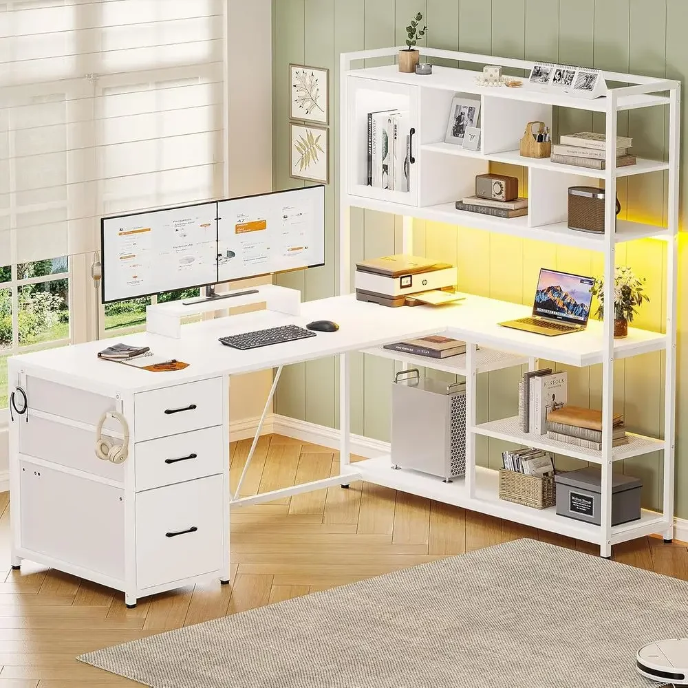 Home Office L Shaped Desk - 58インチL字型デスク、収納付き、3つの引き出し、本棚、LED照明付き、ホームオフィスやゲーミングに最適
