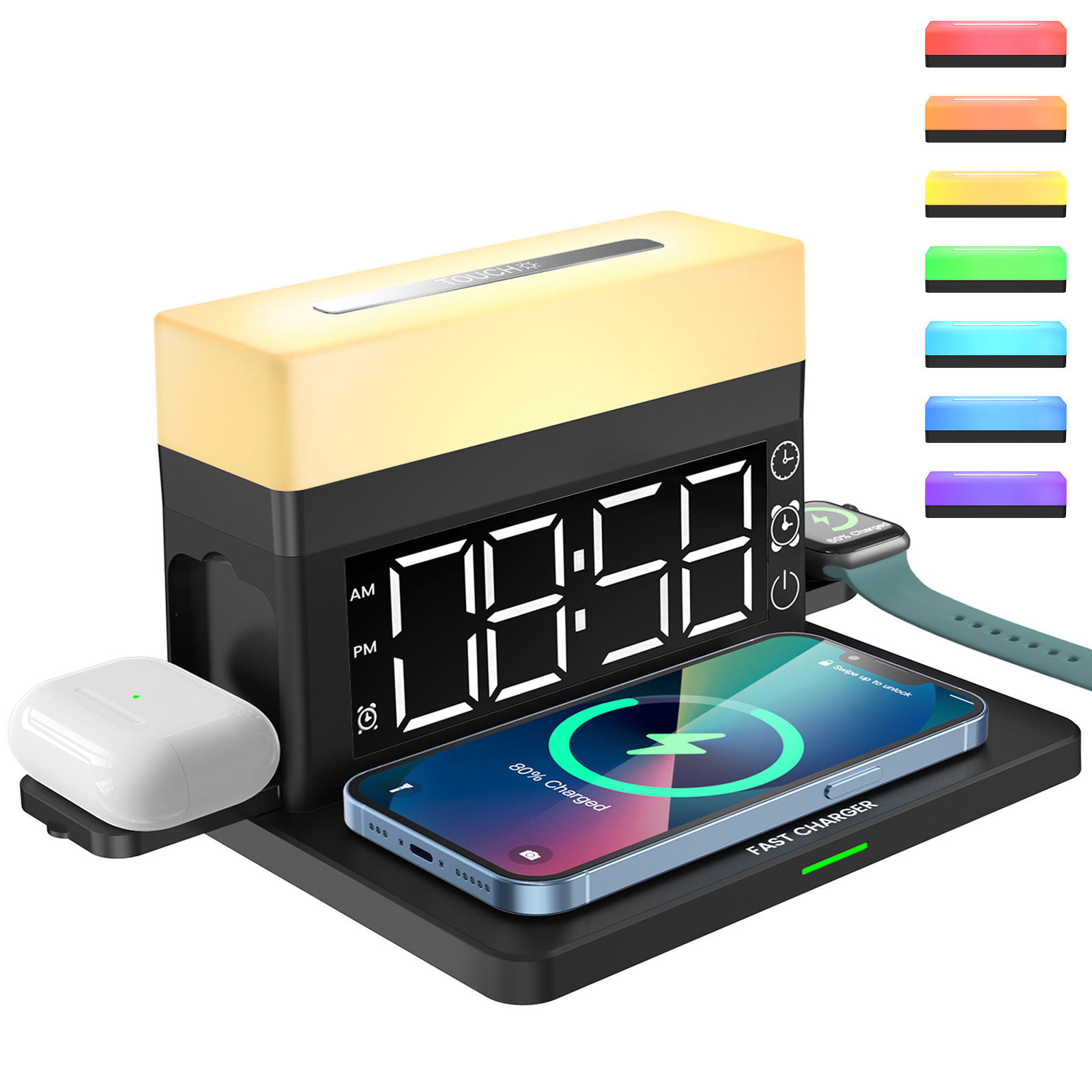 Led Desk Clock - デジタルデスク用アラーム付き時計,15Wワイヤレス充電付き時計,Apple Watch用ナイトライト,寝室,オフィスの装飾用,6 in 1