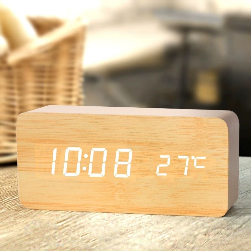 Led Desk Clock - 木製デジタル目覚まし時計、オフィス用温度卓上時計付きLED目覚まし時計、ベッドサイド時計