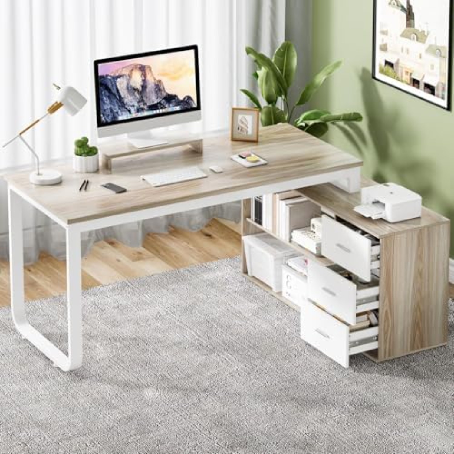 Home Office L Shaped Desk - 55インチ L字型オフィスデスク 引き出し付き、ホワイトとウォールナット | モニタースタンド付きホームオフィスデスク（仕事、執筆、学習用）