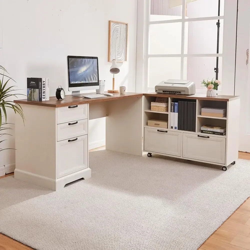 Home Office L Shaped Desk - 60 L字型デスク、可動式ファイルキャビネット、充電ステーション付き、ホームオフィスや勉強に最適