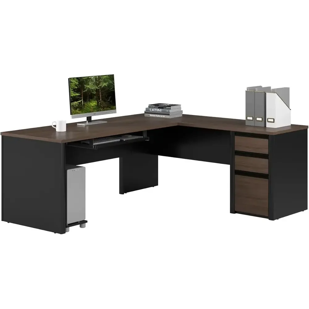 Home Office L Shaped Desk - 72 L字型デスク、引き出しとキーボードトレイ付き、エグゼクティブオフィスやホームオフィスに最適、アンティグアとブラックカラー