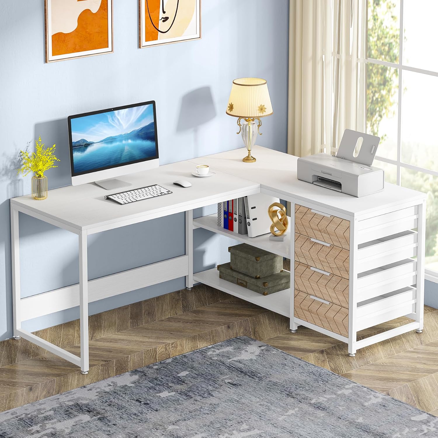 Home Office L Shaped Desk - L字型コンピューターデスク（引き出しと棚付き）、59インチリバーシブルコーナーデスク、ホームオフィス用学習テーブル、ホワイト、カスタマイズ可能