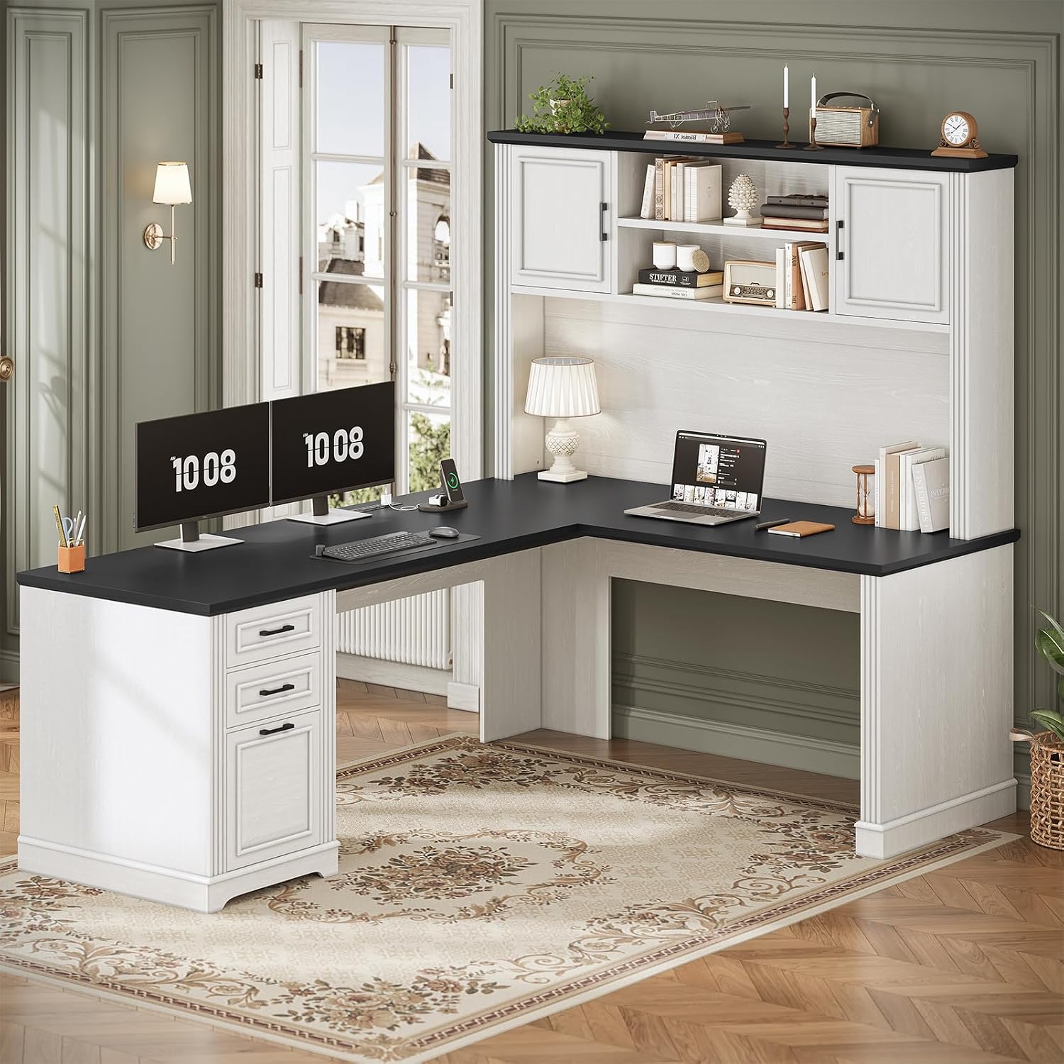 Home Office L Shaped Desk - L字型デスク（ハッチと3つの引き出し付き）、68.9インチのコーナーデスク（ファイル引き出し、電源コンセント、棚付き）、ホームオフィス用、カスタマイズ可能