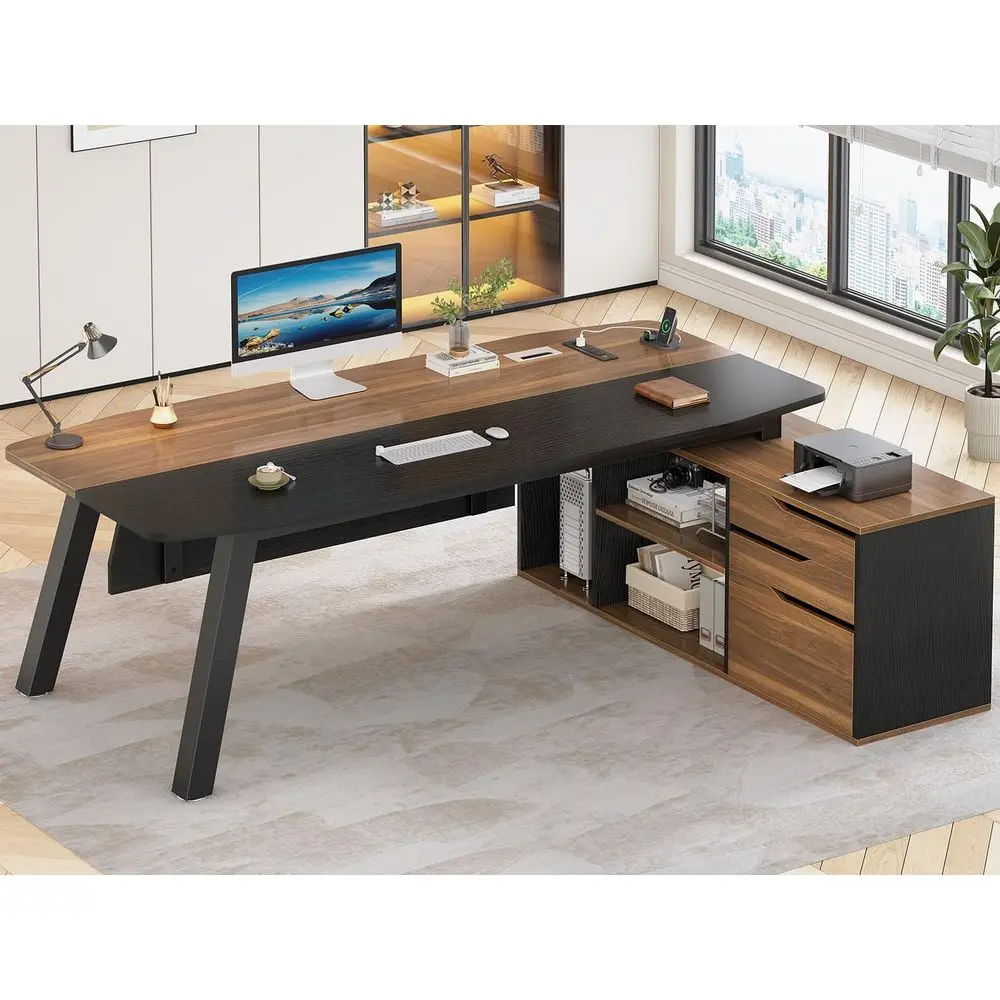 Home Office L Shaped Desk - 71インチ大型オフィスデスク、ファイルキャビネット付き、L字型コンピューターデスク、ウォールナット仕上げ、家庭用またはビジネスオフィス用
