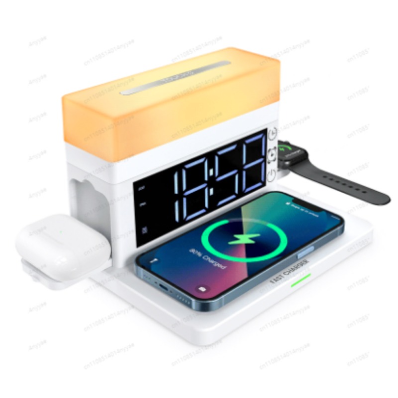 Led Desk Clock - 6-in-1 ワイヤレス充電デスクランプ - 15W LEDライト、目覚まし時計、スマホスタンド、ナイトライト付き