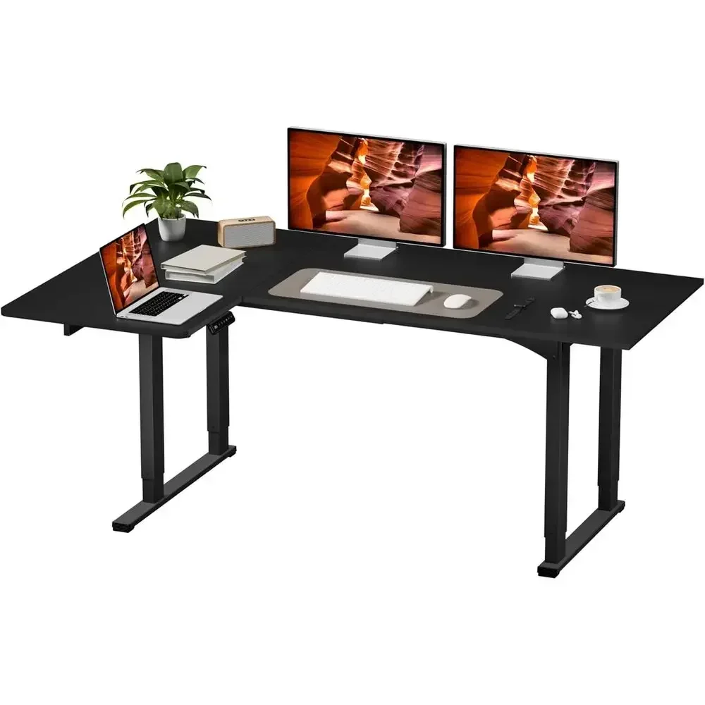 Home Office L Shaped Desk - 電動高さ調整可能なL字型デスク、71x43インチ、スプライスボード、ホームオフィス用スタンディングデスク、ブラック