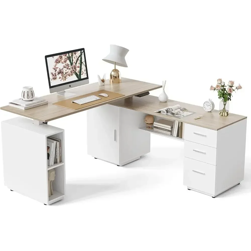 Home Office L Shaped Desk - 63 エグゼクティブ L 字型スタンディングデスク、高さ調節可能、収納付き、ライトウッドグレイン仕上げ、家庭用またはオフィス用