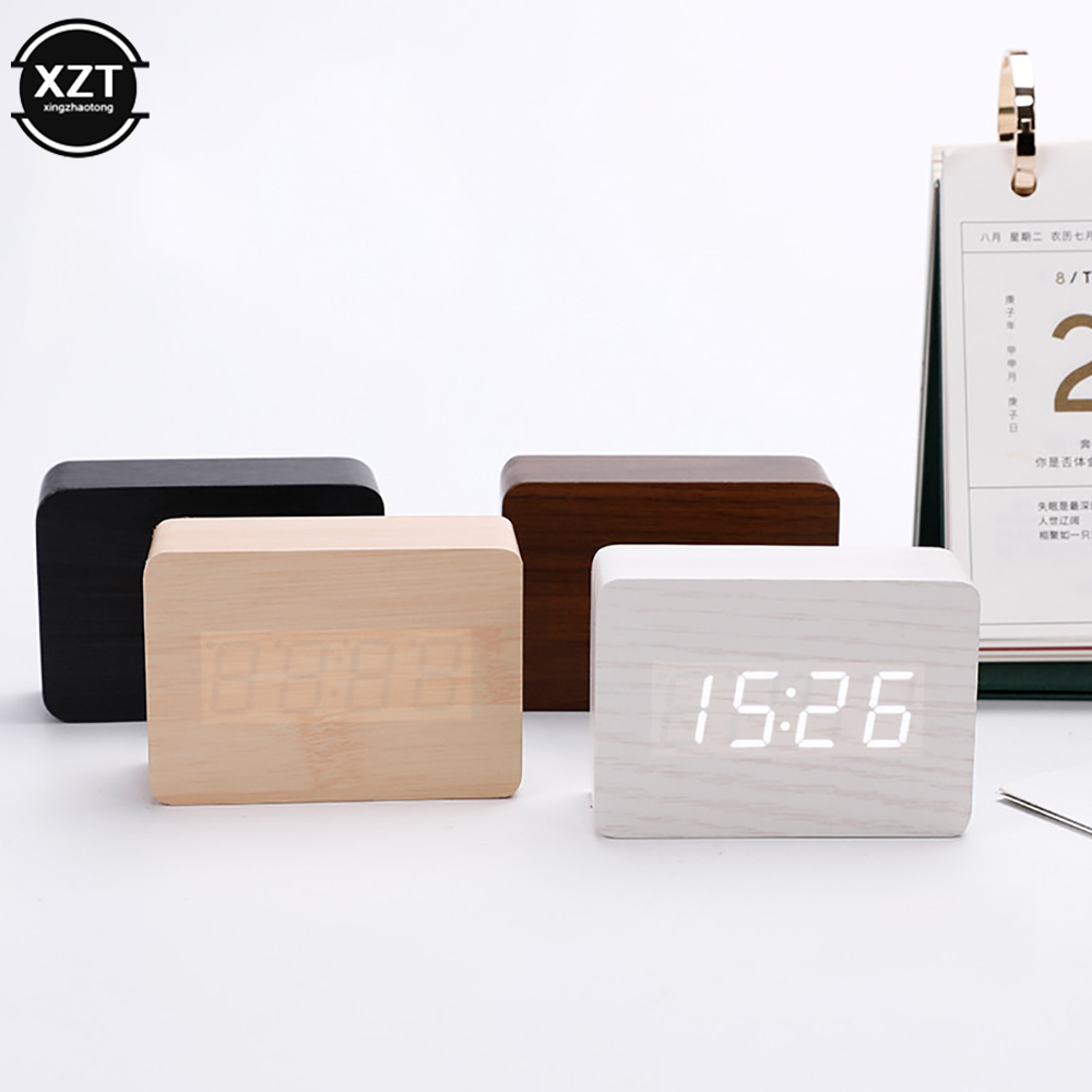 Led Desk Clock - ファッション目覚まし時計 LED 木製時計テーブル音声制御デジタル木製 Despertador USB/AAA 電源電子デスクトップ時計