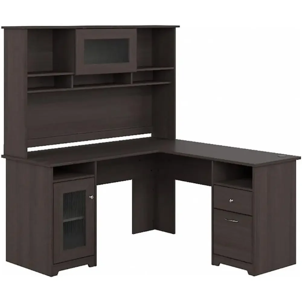 Home Office L Shaped Desk - 60 L字型木製デスク、ハッチ付き、ヘザーグレー、ワイヤー管理機能、収納、調節可能な棚、ホームオフィスコンピューターデスク
