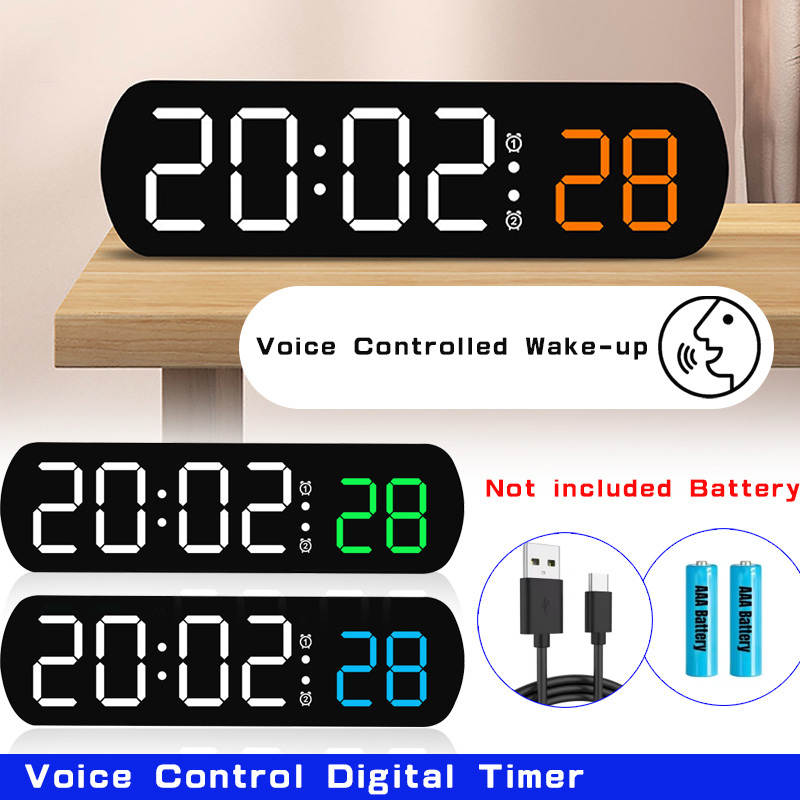 Led Desk Clock - 音声制御デジタルアラームタイマー時計温度デュアルアラームデスクトップ置時計ナイトモード 12/24H LED 時計時計卓上時計