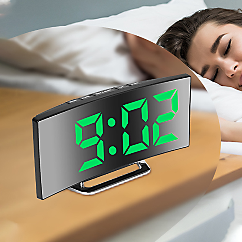 Led Desk Clock - LED デジタル目覚まし時計曲面スクリーンミラー静音電子時計寝室デスクトップ大画面家の装飾用品