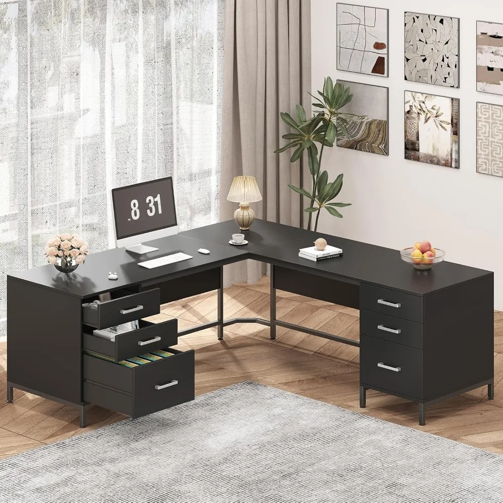 Home Office L Shaped Desk - TVU 59インチ L字型デスク、木製引き出し6個付き、大型ホームオフィスコーナーコンピューターデスク、収納ファイルキャビネット付き、エグゼクティブライティングスタディワークステーション用のモダンなメタルウッドデスク、ブラック
