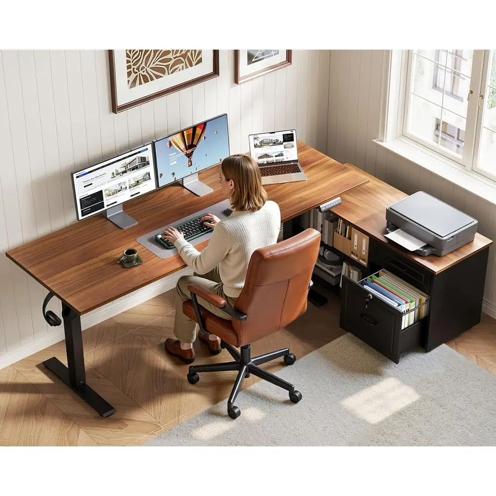 55インチのL字型電動デスク、引き出しとキャビネット付き、エ - Home Office L Shaped Desk のレビューと価格