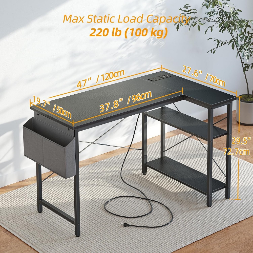 L字型コンピューターデスク、電源コンセント付き、47インチコ - Home Office L Shaped Desk のレビューと価格