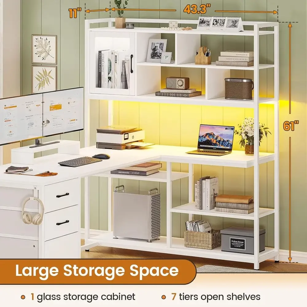 58インチL字型デスク、収納付き、3つの引き出し、本棚、LE - Home Office L Shaped Desk のレビューと価格