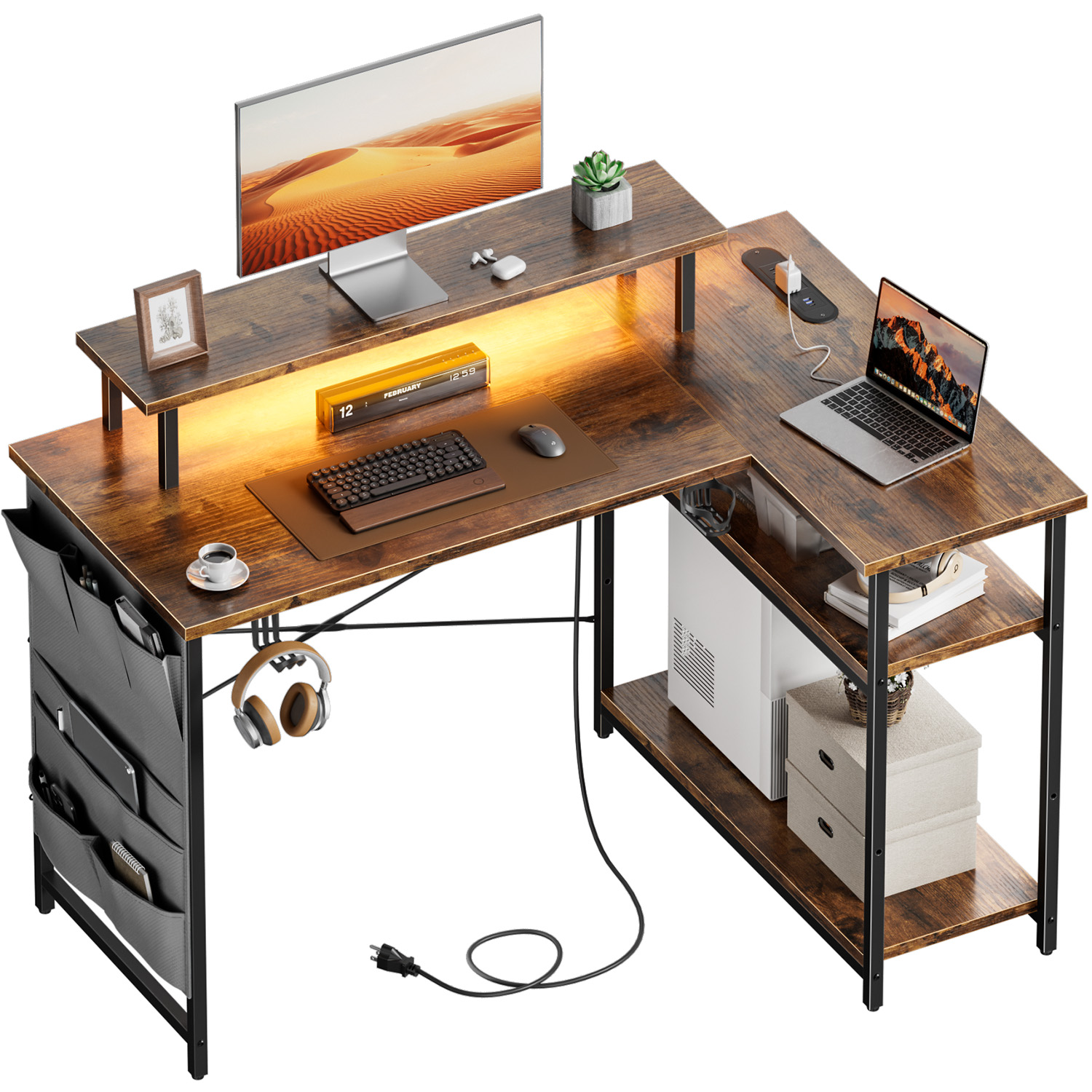 L字型コンピューターデスク、電源コンセントとLED照明、人間 - Home Office L Shaped Desk のレビューと価格