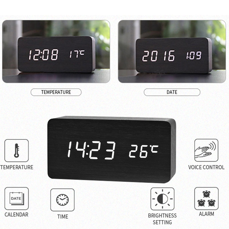 木製デジタル目覚まし時計、オフィス用温度卓上時計付きLED目 - Led Desk Clock のレビューと価格