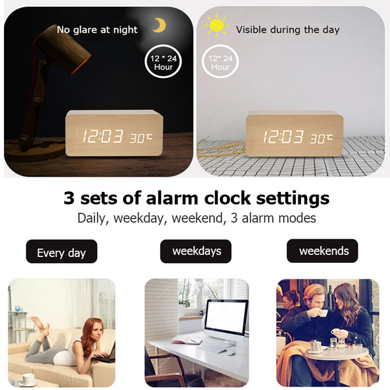 木製デジタル目覚まし時計、オフィス用温度卓上時計付きLED目 - Led Desk Clock のレビューと価格