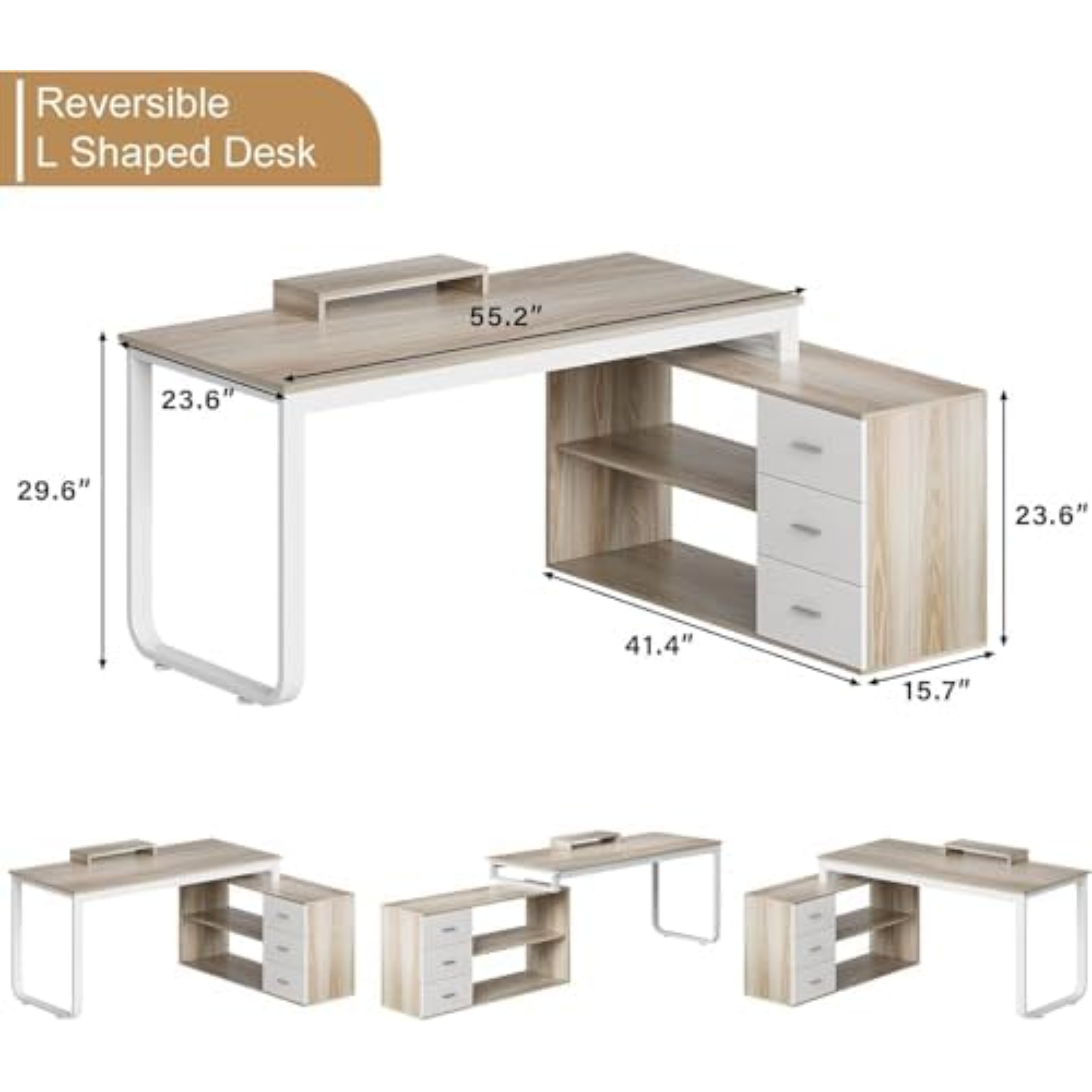 55インチ L字型オフィスデスク 引き出し付き、ホワイトとウ - Home Office L Shaped Desk のレビューと価格