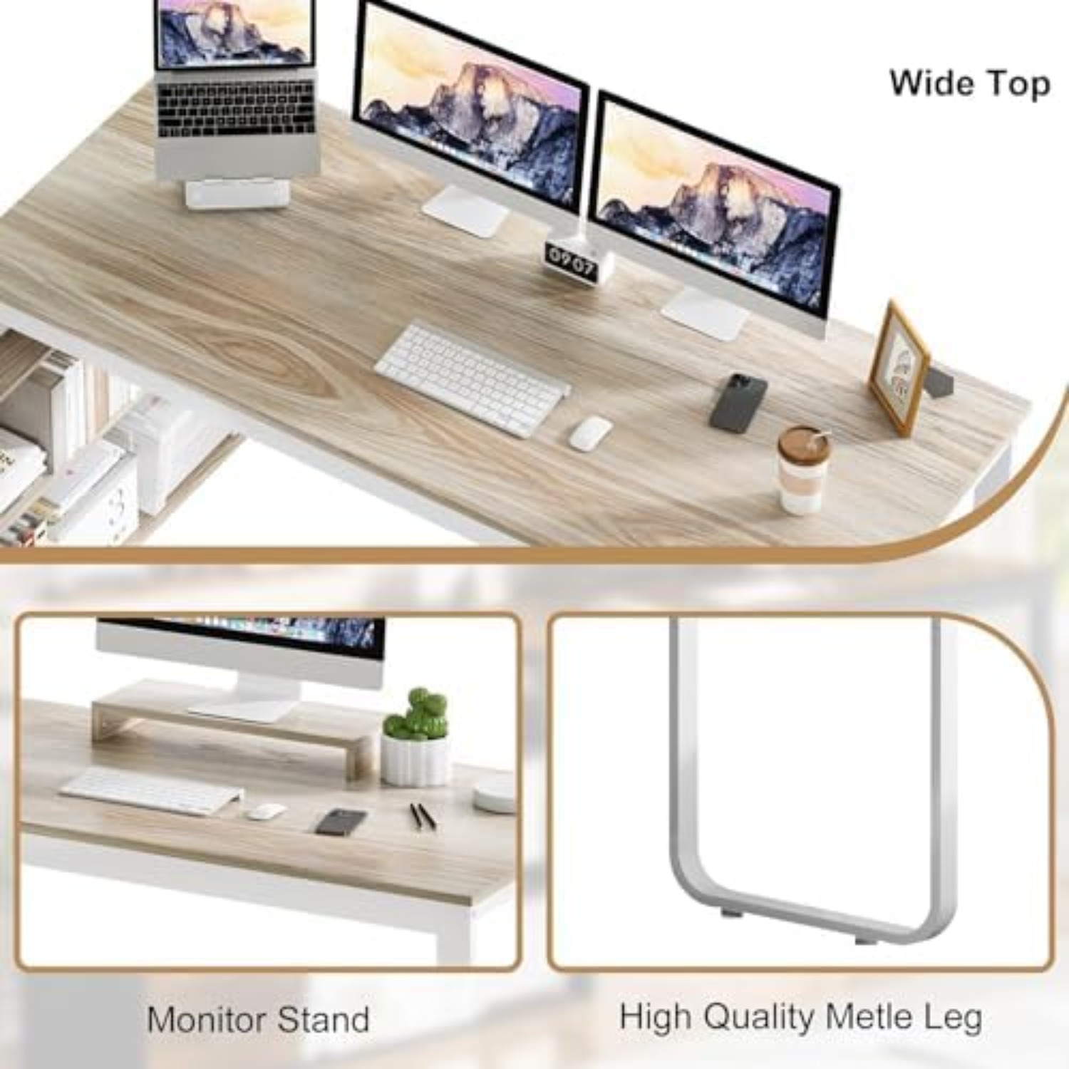 55インチ L字型オフィスデスク 引き出し付き、ホワイトとウ - Home Office L Shaped Desk のレビューと価格