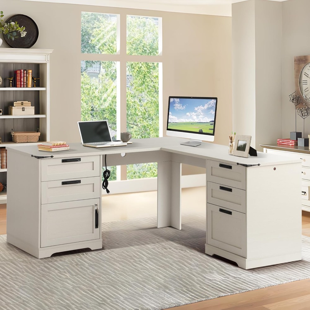 60インチのL字型エグゼクティブデスク（引き出し付き）、ファ - Home Office L Shaped Desk のレビューと価格