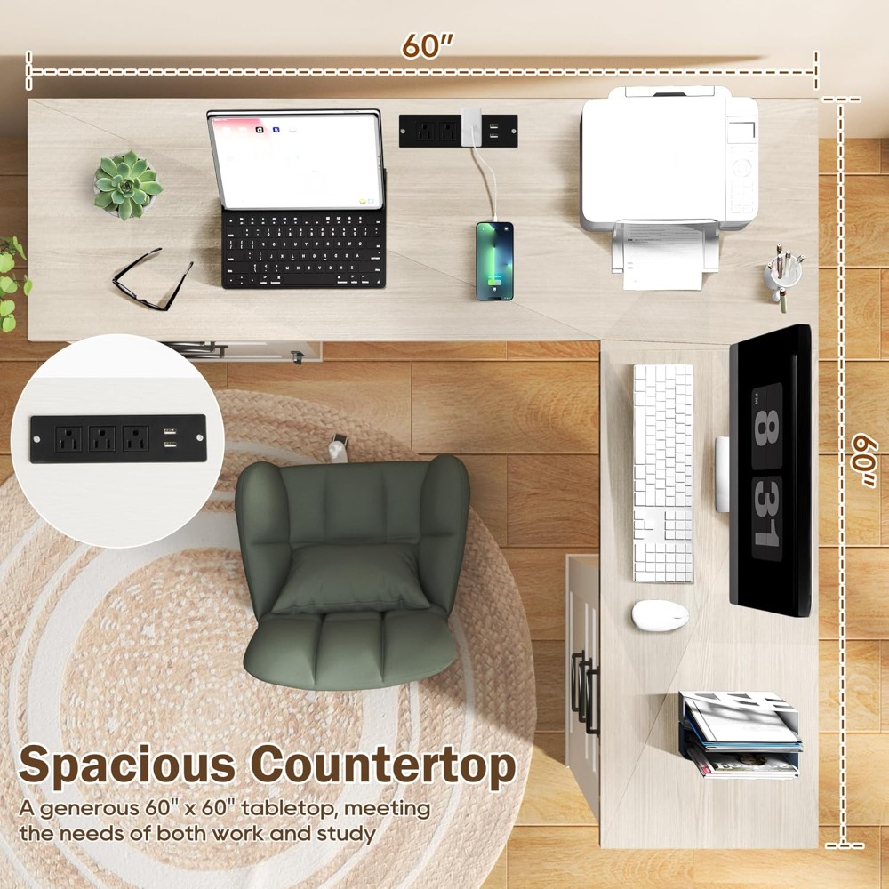 60インチのL字型エグゼクティブデスク（引き出し付き）、ファ - Home Office L Shaped Desk のレビューと価格