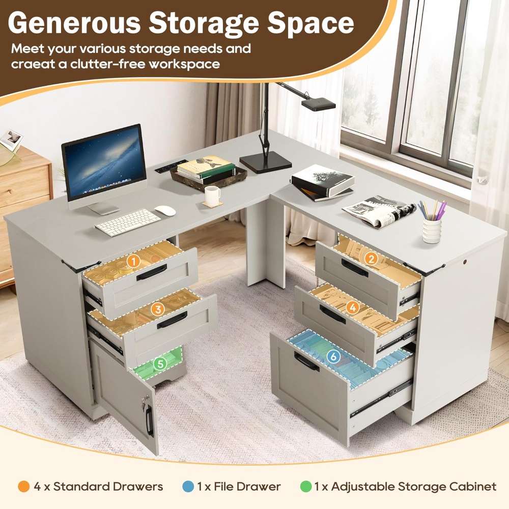 60インチのL字型エグゼクティブデスク（引き出し付き）、ファ - Home Office L Shaped Desk のレビューと価格