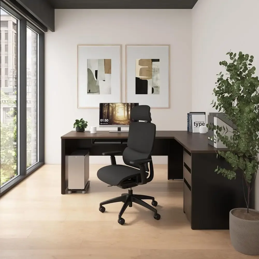 72 L字型デスク、引き出しとキーボードトレイ付き、エグゼク - Home Office L Shaped Desk のレビューと価格