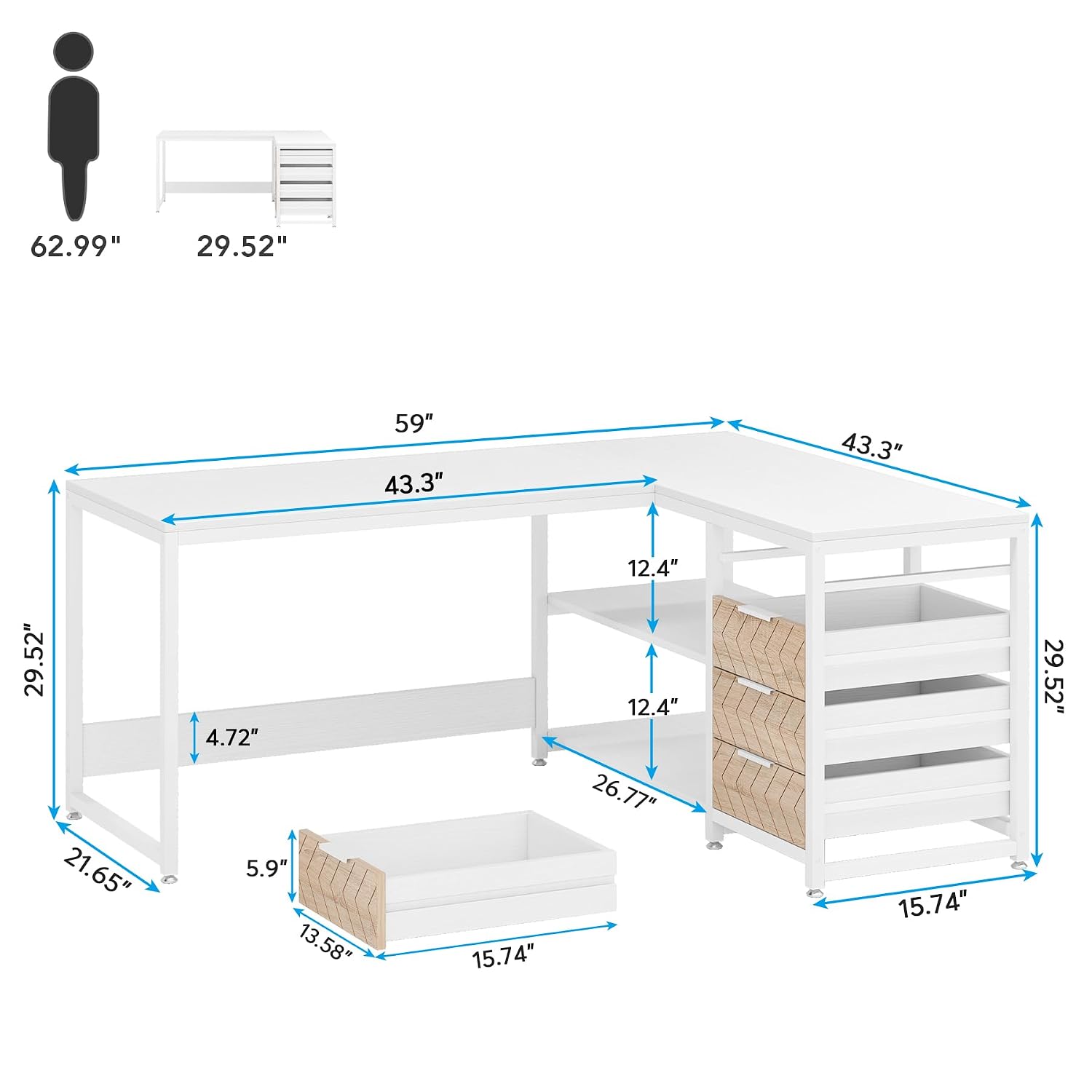 L字型コンピューターデスク（引き出しと棚付き）、59インチリ - Home Office L Shaped Desk のレビューと価格
