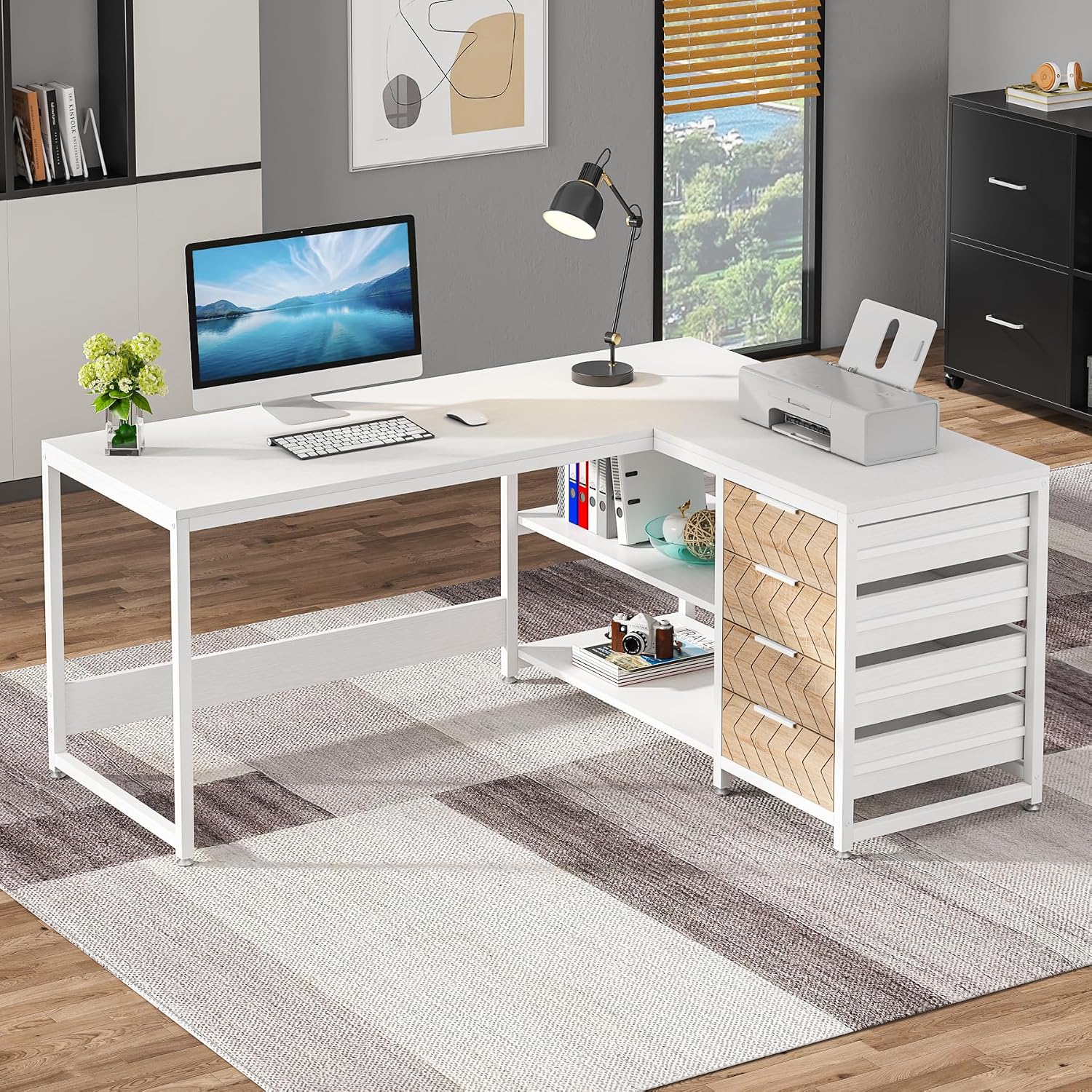 L字型コンピューターデスク（引き出しと棚付き）、59インチリ - Home Office L Shaped Desk のレビューと価格