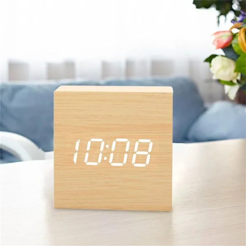 音声制御デジタル電子時計発光スマートLED木製目覚まし時計多 - Led Desk Clock のレビューと価格
