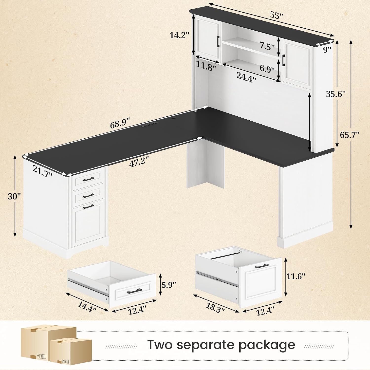 L字型デスク（ハッチと3つの引き出し付き）、68.9インチの - Home Office L Shaped Desk のレビューと価格