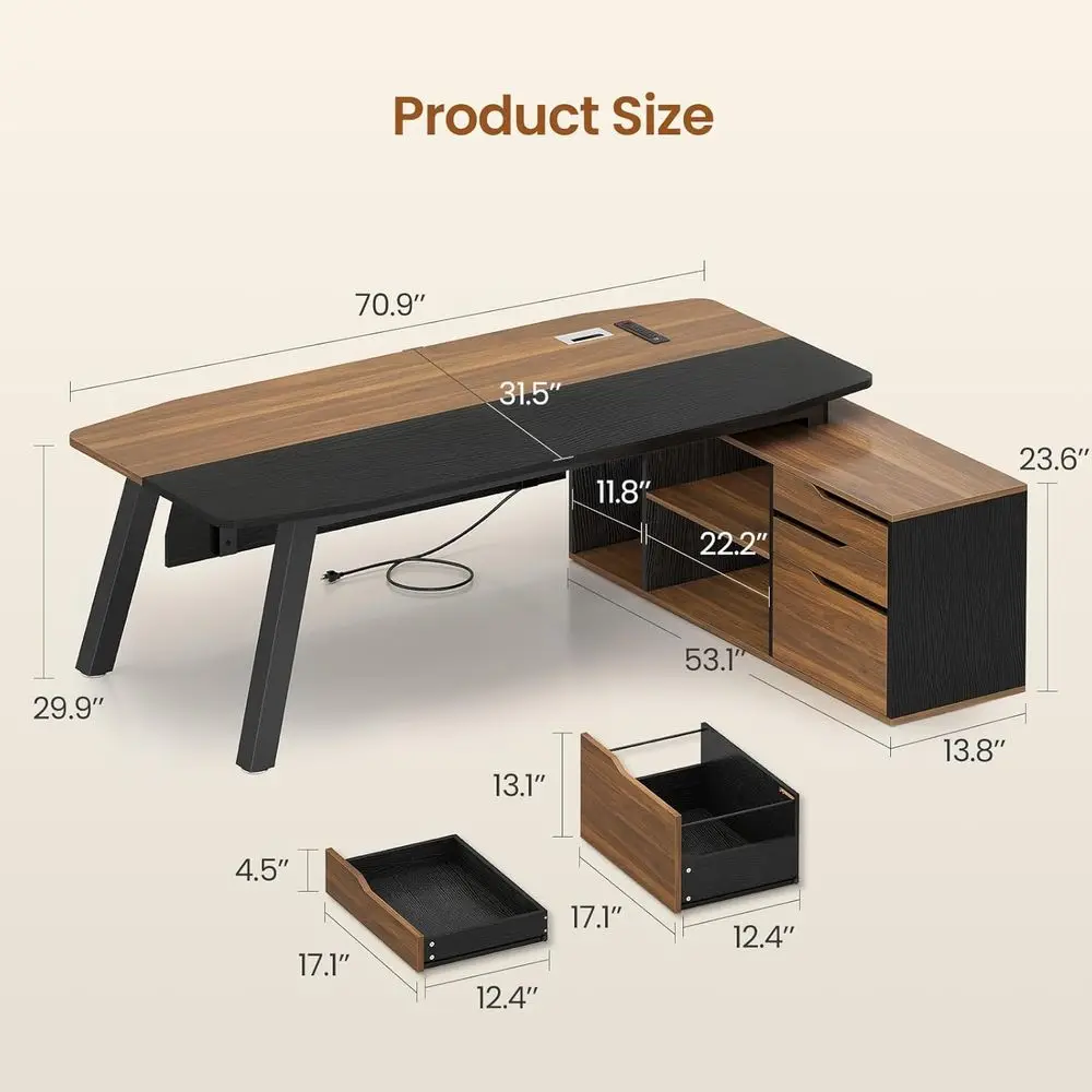 71インチ大型オフィスデスク、ファイルキャビネット付き、L字 - Home Office L Shaped Desk のレビューと価格