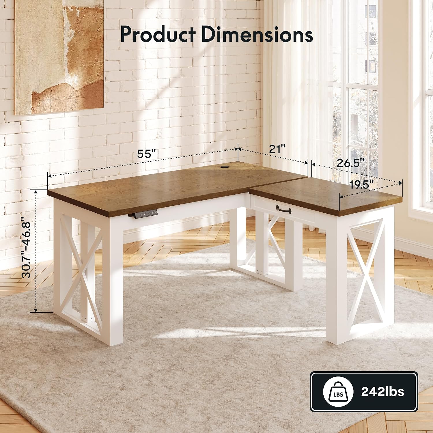 L字型スタンディングデスク（引き出し付き）、55x48インチ - Home Office L Shaped Desk のレビューと価格