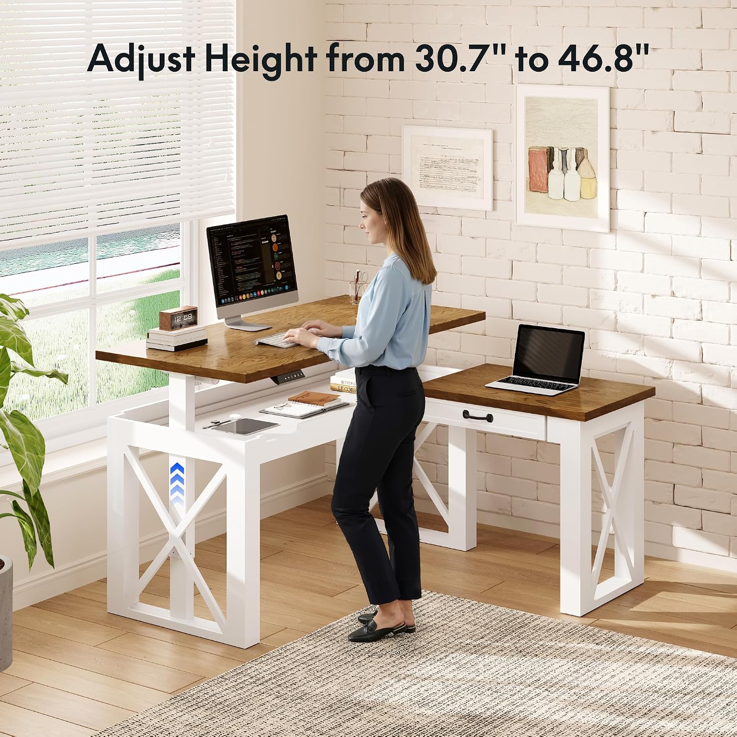 L字型スタンディングデスク（引き出し付き）、55x48インチ - Home Office L Shaped Desk のレビューと価格