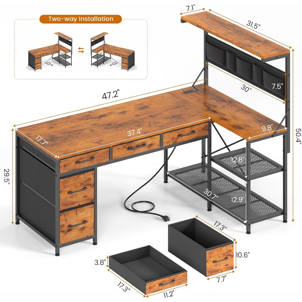SEDETA L字型デスク（引き出しとハッチ付き）、47.2 - Home Office L Shaped Desk のレビューと価格