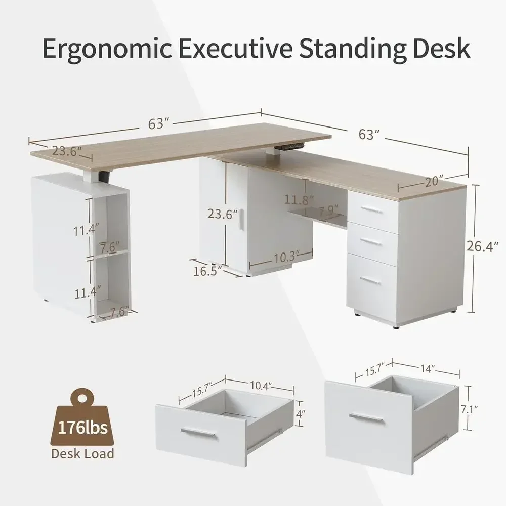 63 エグゼクティブ L 字型スタンディングデスク、高さ調節 - Home Office L Shaped Desk のレビューと価格