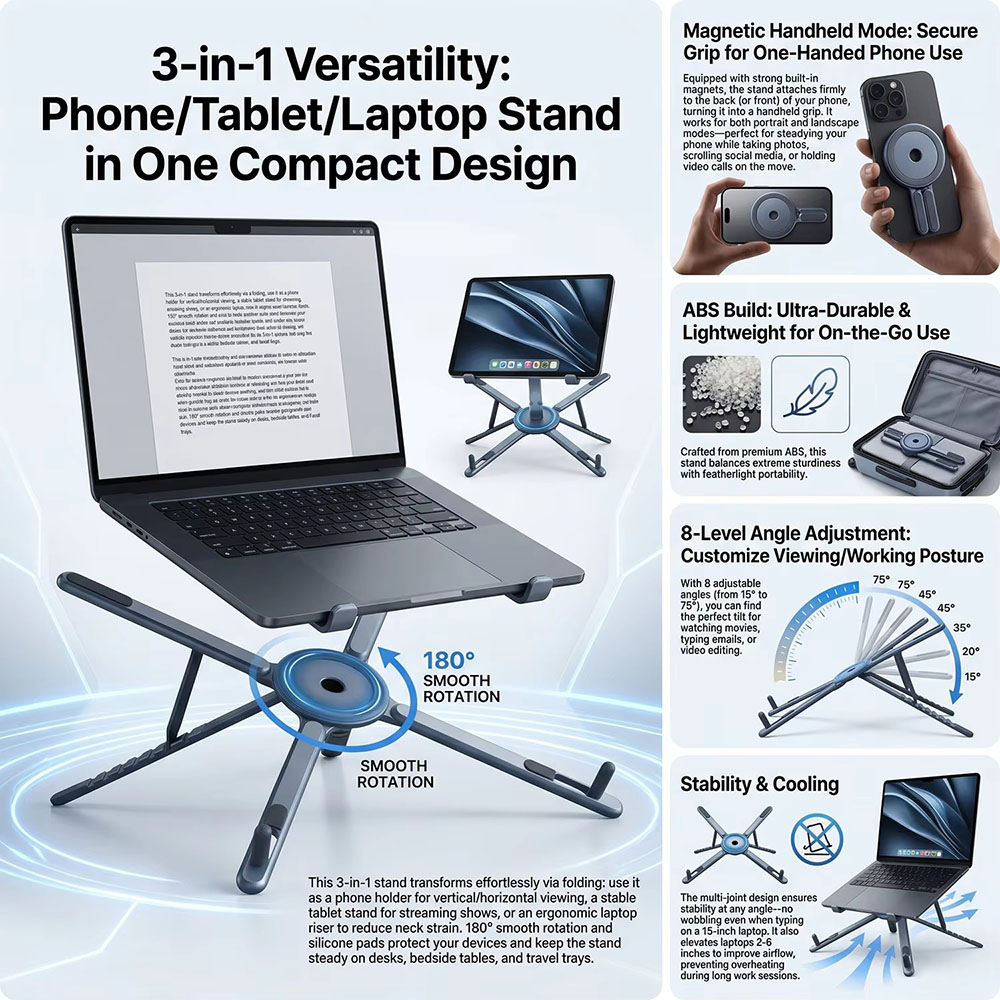携帯電話用マグネット式ホルダー＆自撮り棒 3-in-1 折り - Home Office Laptop のレビューと価格