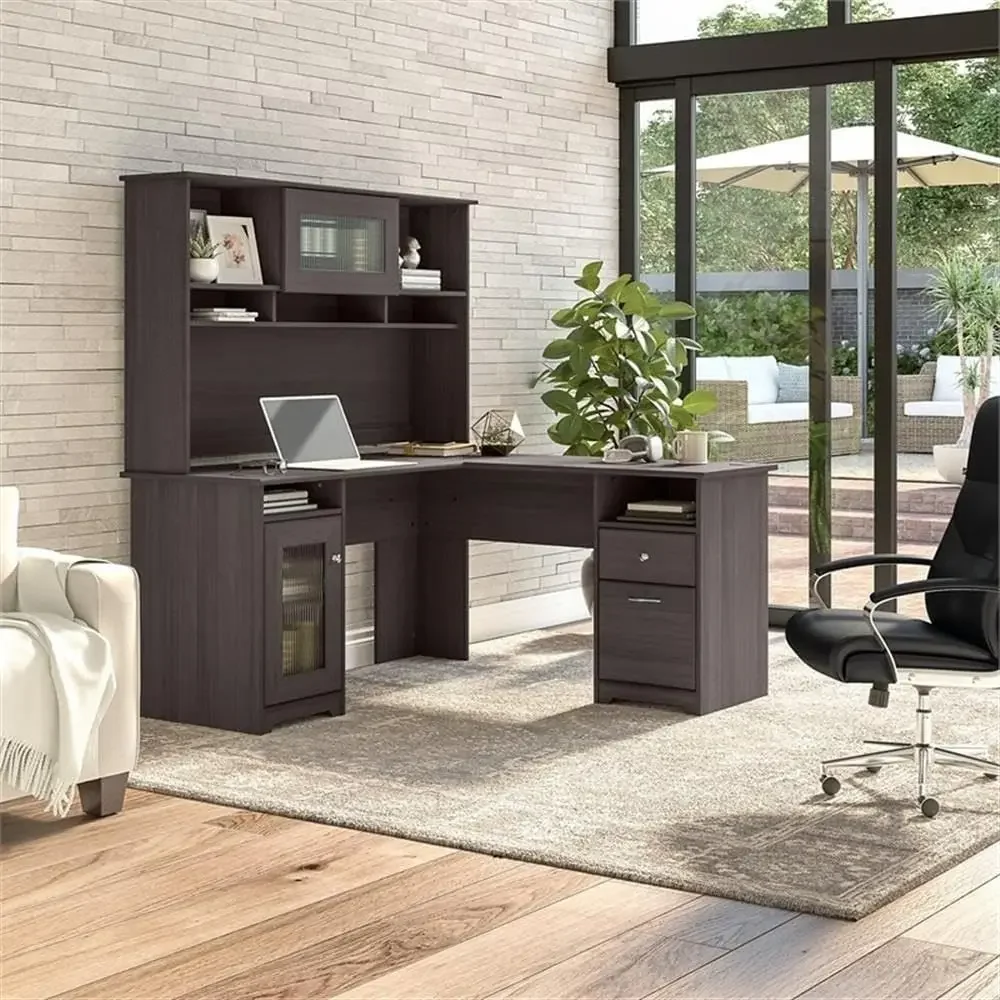 60 L字型木製デスク、ハッチ付き、ヘザーグレー、ワイヤー管 - Home Office L Shaped Desk のレビューと価格