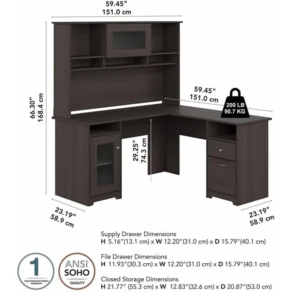 60 L字型木製デスク、ハッチ付き、ヘザーグレー、ワイヤー管 - Home Office L Shaped Desk のレビューと価格