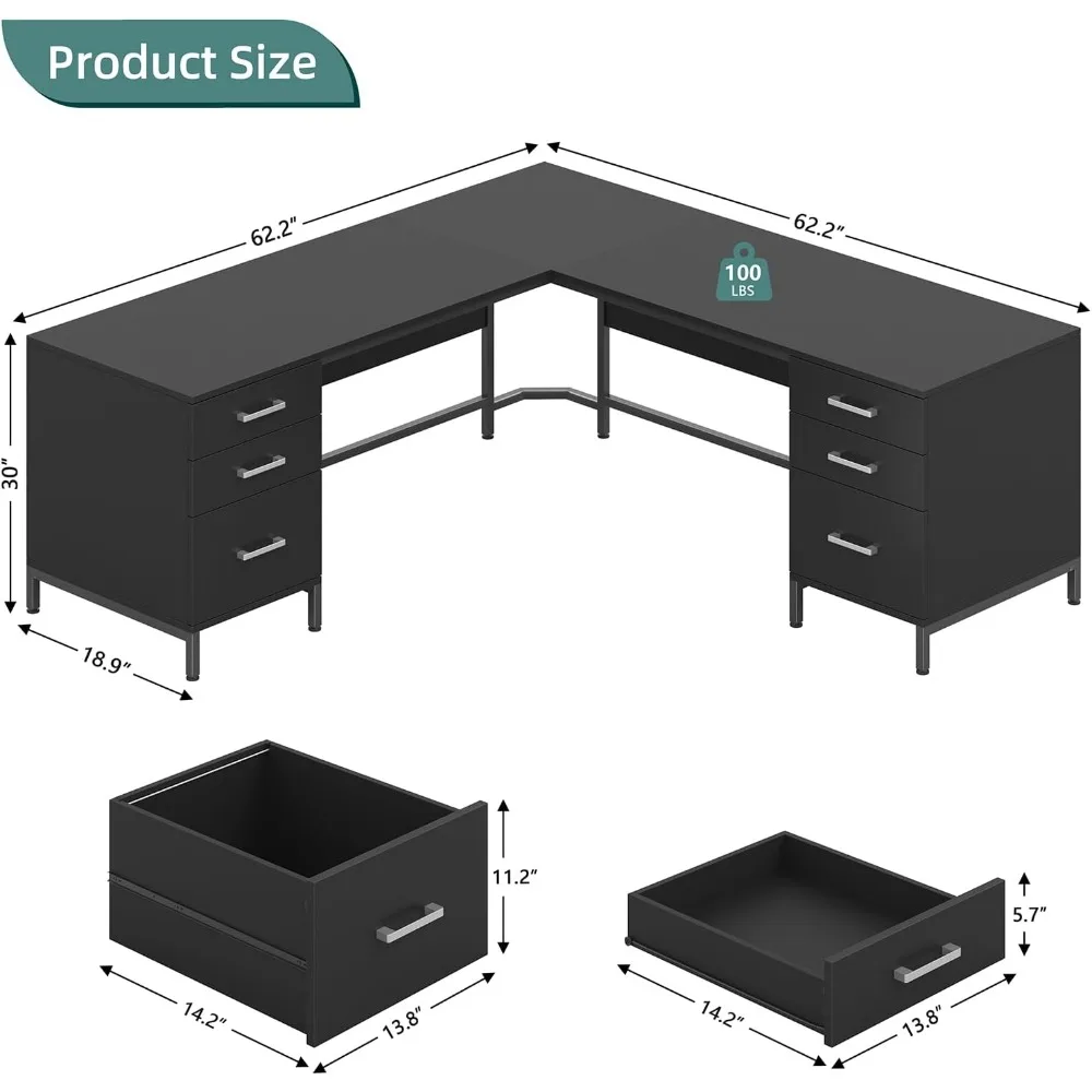TVU 59インチ L字型デスク、木製引き出し6個付き、大型 - Home Office L Shaped Desk のレビューと価格