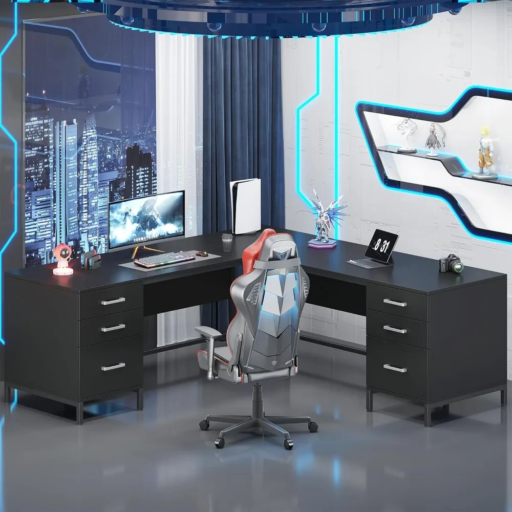 TVU 59インチ L字型デスク、木製引き出し6個付き、大型 - Home Office L Shaped Desk のレビューと価格